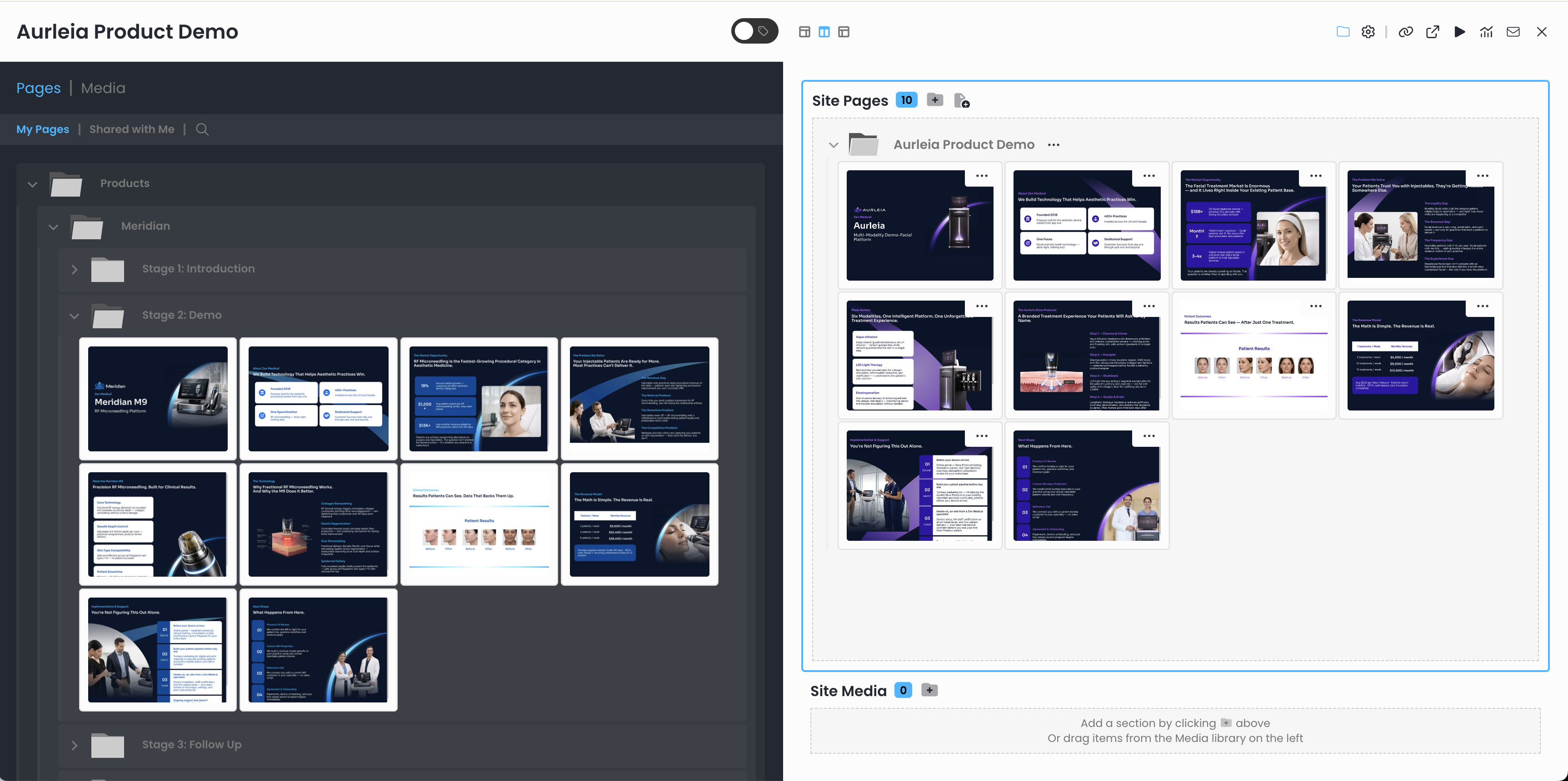 Nuvue drag-and-drop editor — page library on the left, Site canvas on the right